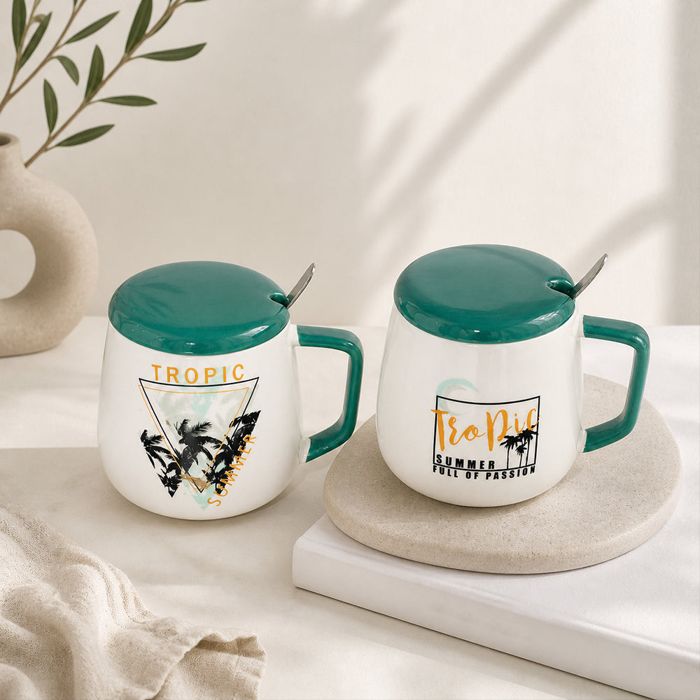 Ceramic Green Printed Mug with Lid