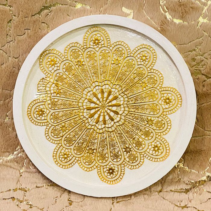 Golden flower 1ft round vanity/dressing decor tray