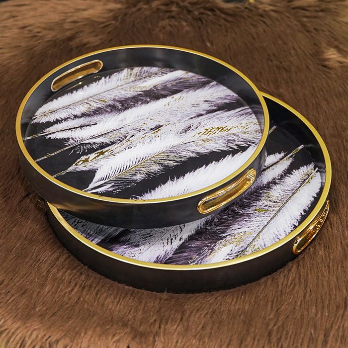 Black Feather ACRYLIC ROUND TRAY SET OF 2PCS