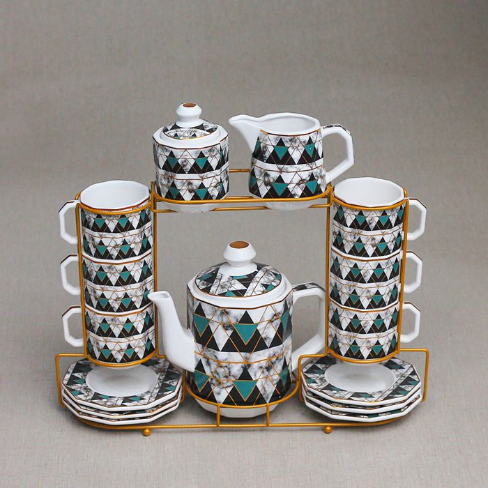 Green Printed Tea Set with Golden Metal Stand