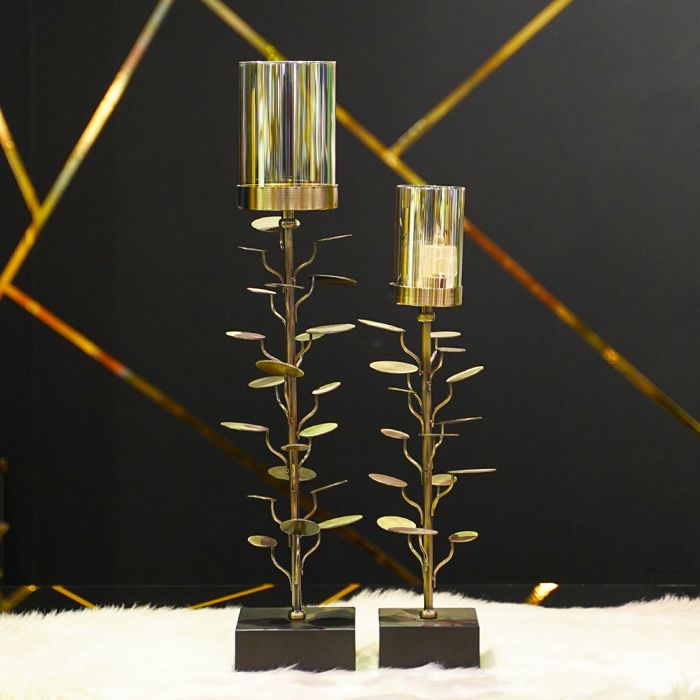 Brushed Metal Round Petal Candle Stand Set of 2pcs