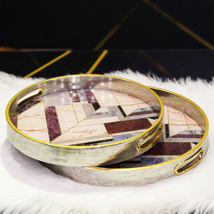 ABSTRACT BROWN ACRYLIC ROUND TRAY SET OF 2PCS