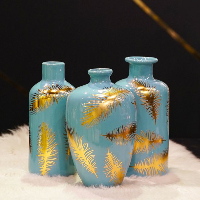 Teal Gold 3pcs Vase Set