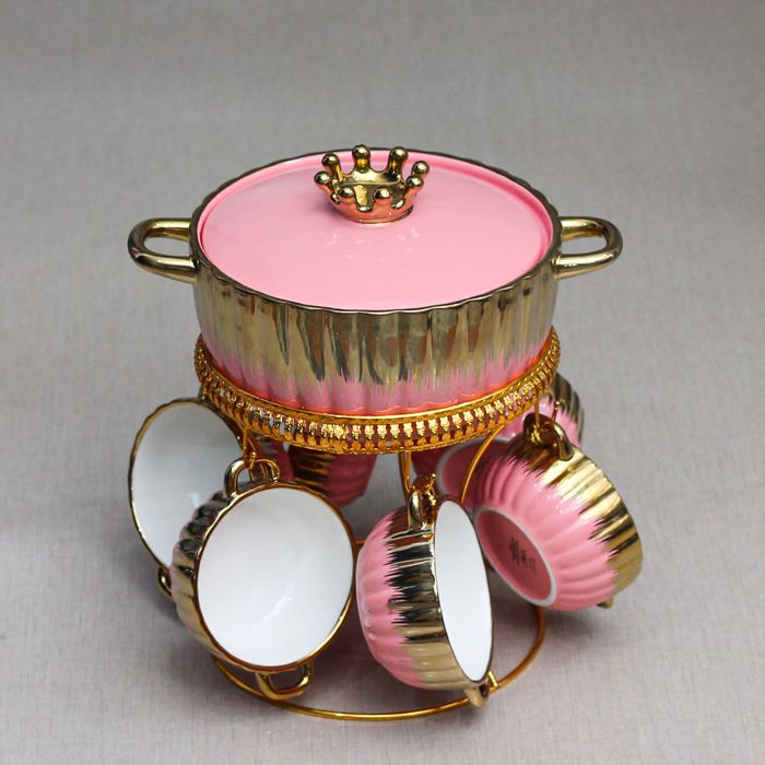Ceramic Pink-Gold Soup Set with Gold Metal Stand