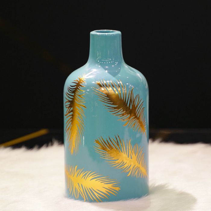 Cyan Gold Feather Vase
