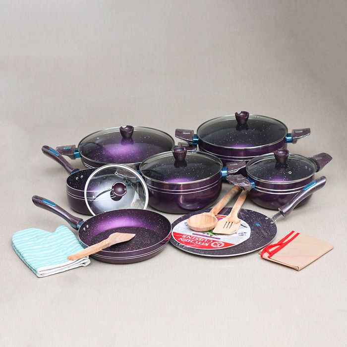 KITCHEN CUISINE Purple COLOUR MARBLE COATED 18PCS NON-STICK SET