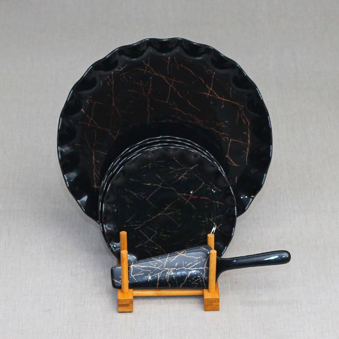 Black-Gold Marble Printed Ceramic Cake Serving 8pcs Set with Wooden Stand