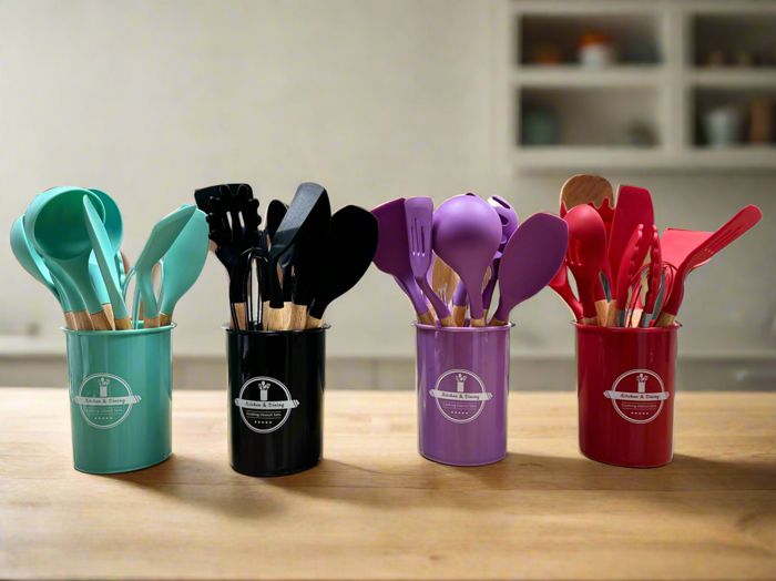 12pcs Silicone Utensil Set With Wooden Handle
