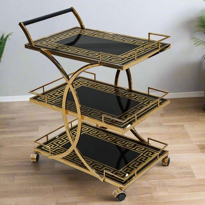 ARC 3 TIER TEA TROLLY SHELVES WITH DESIGNED BLACK GLASS