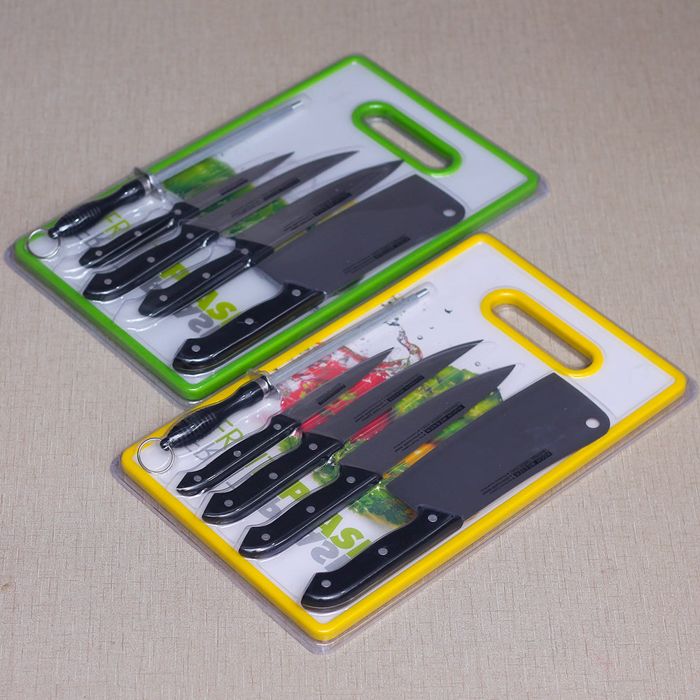 CUTTING BOARD AND KNIFE SET WITH KNIFE SHARPNER - 6PCS