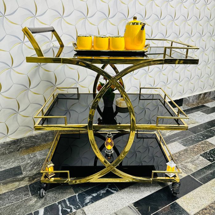 Modern 3 tier tea trolley with black glass shelves