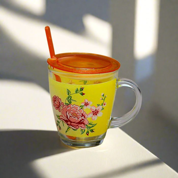 Atc Floral print glass tea mug with air lid and spoon