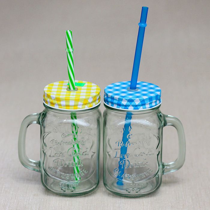 summer glass sipper jar with straw and check print air tight lid