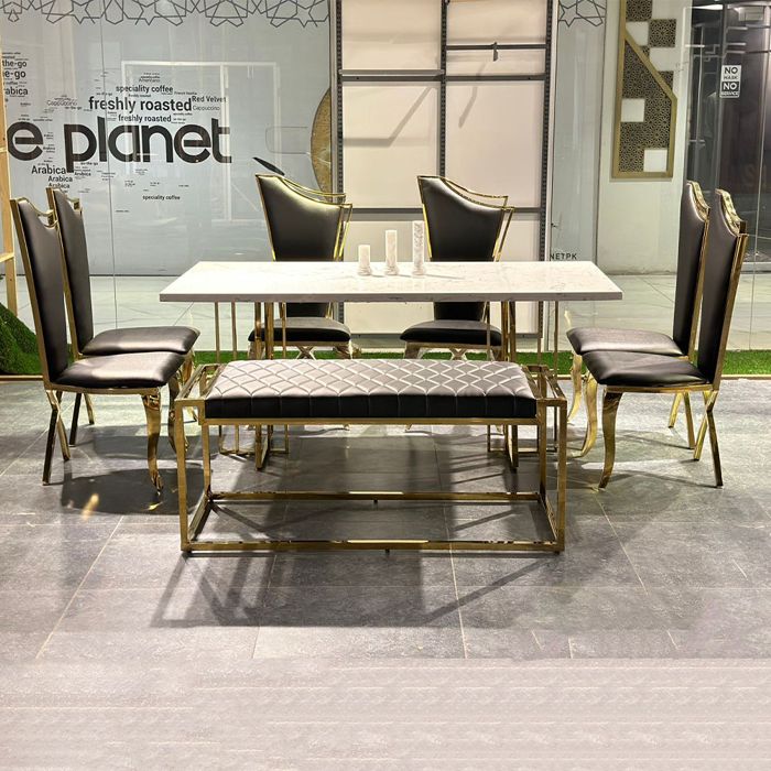Modern dynia Tri-Tube dinning table (swiss white marble top)with european bench and cross back leg chairs - stainless steel