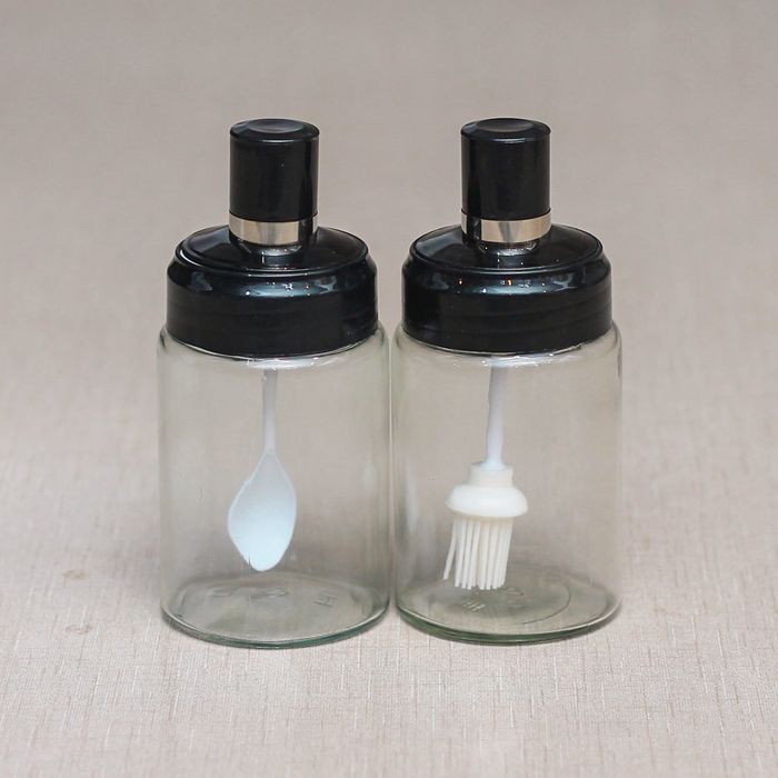 Kitchen Glass Seasoning Bottle Spice jar with spoon and oil brush - silicon brush and spoon