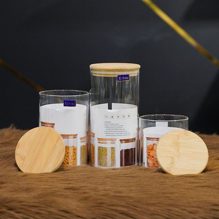 3pcs Bamboo Air-tight Glass storage Jar Set-Echou